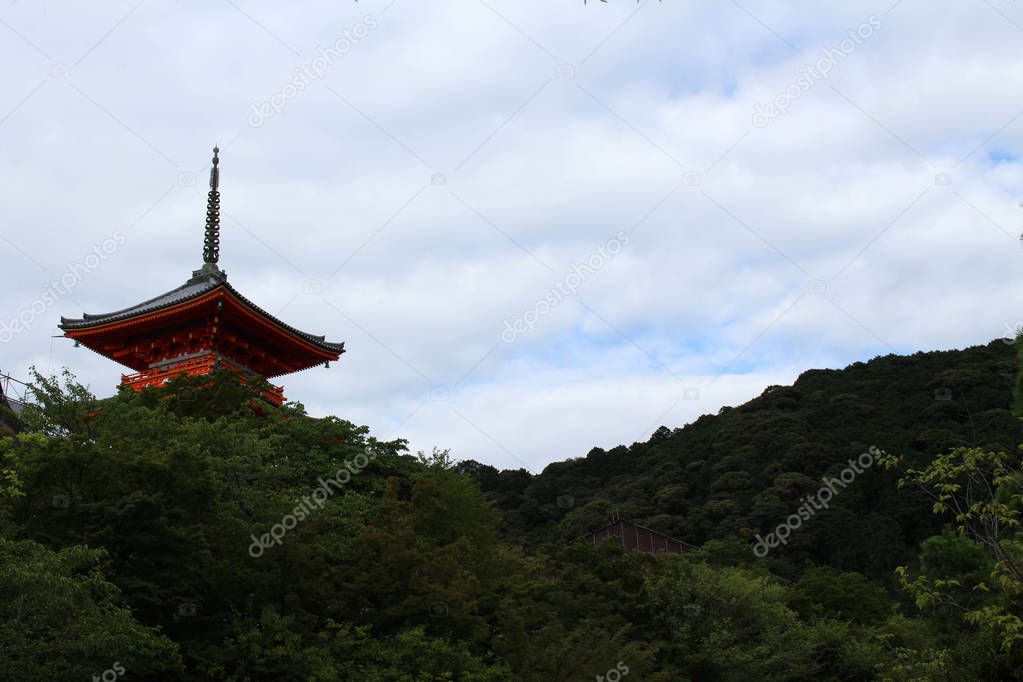The orange tower at Kiyomizu-dera Temple in Kyoto, Japan. 