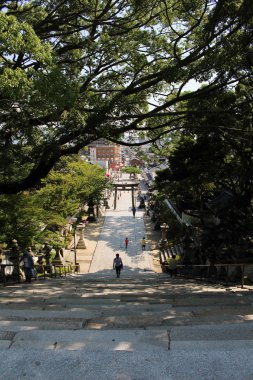 Hofu Tenmangu tapınak Yamaguch içinde merdiven üzerinde yürüyen insanlar
