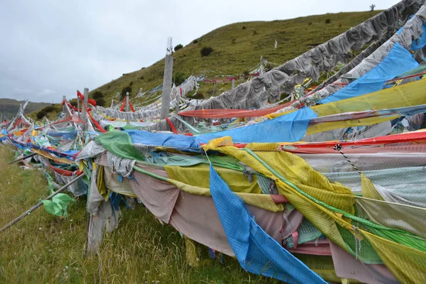 Les drapeaux de prière autour de la montagne derrière Serti Gompa Monaster — Photo