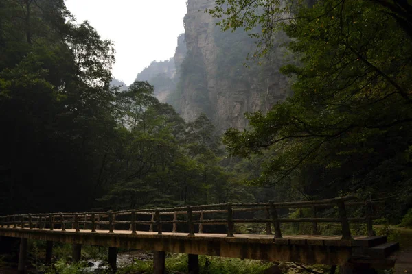 Puente y cuerda alrededor del sendero del parque en el área escénica de Wulingyuan . — Foto de Stock