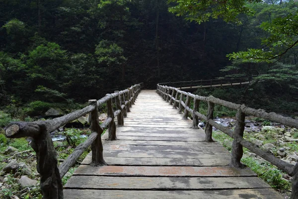 Puente y cuerda alrededor del sendero del parque en el área escénica de Wulingyuan . — Foto de Stock