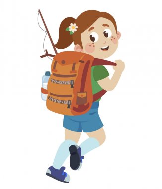 Kız büyük bir sırt çantası ile kampa gider. çocuk ve Açık Rekreasyon