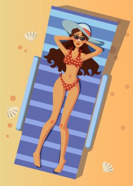 bir şezlong üzerinde güneşlenme kız. Plaj tatil. Üstten Görünüm