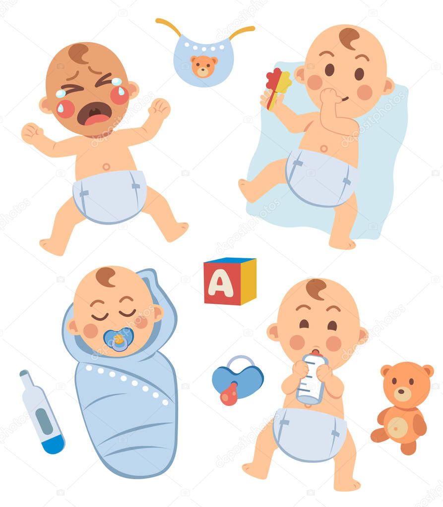 Cute little baby in diaper with different emotions set. Crying, sucks his thumb and plays, sleeping  in a diaper, drinking milk from a bottle. Bib, baby cube, thermometer, pacifier, toy bear