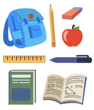 okul kümesi sağlar. sırt çantası, kalem, silgi, Apple, cetvel, kalem, kitap, defter