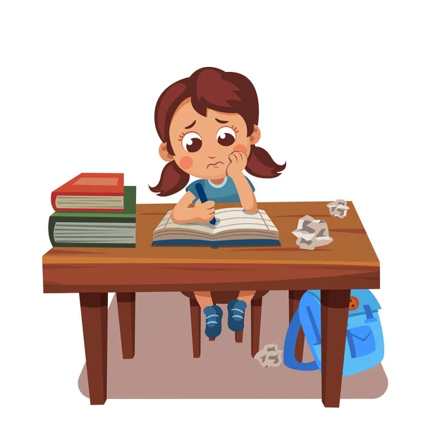 Chica Cansada Tratando Hacer Tarea — Vector de stock