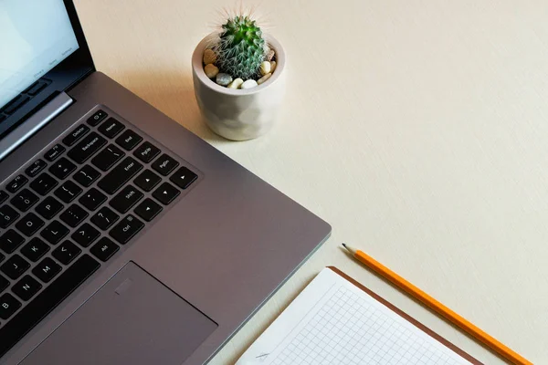 Mesa de trabalho com laptop, notebook, caneta e cacto — Fotografia de Stock