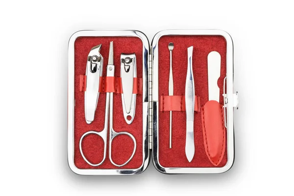 Conjunto de manicura roja con herramientas, aislado sobre fondo blanco — Foto de Stock