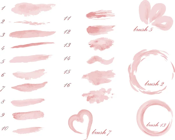 Aquarel hand schilderen texturen. roze penselen, lijn spatten set.Sweet kleuren ontwerp sjabloon — Stockvector