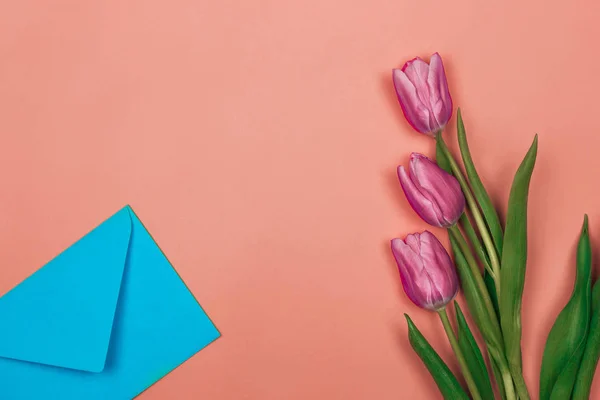 粉色郁金香和一个放在角落里明亮背景的信封 — 图库照片