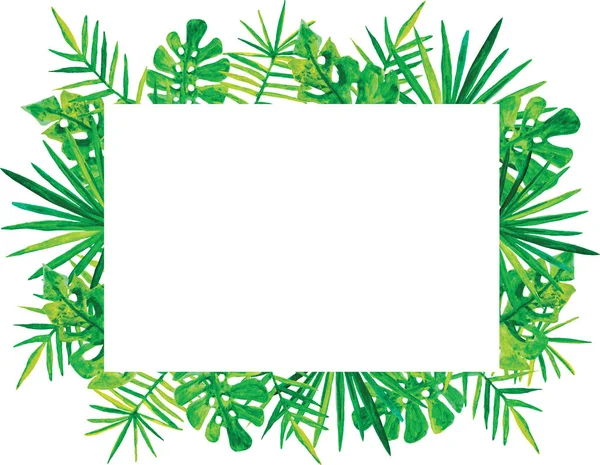 Hand drawn tropical palm leaves frame with white board for copy space. postcard invitation — Stock Vector