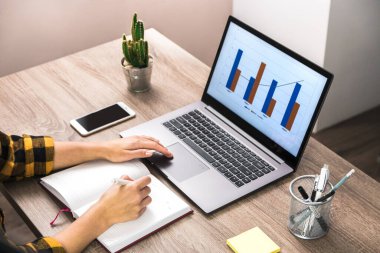 Sarı tişörtlü, iş kadını, öğrenci ya da serbest çalışan birinin elleri grafikleri analiz eder ve notlar alır.