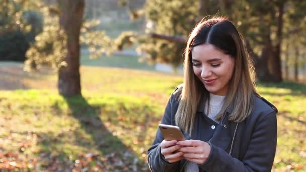 Baharda gün batımında parkta telefonunu kullanan neşeli güzel bir kadının yan görüntüsü. — Stok video