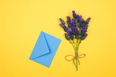 Kadınlar günü kartı. Sarı arka planda lavanta dalı ve mavi zarf