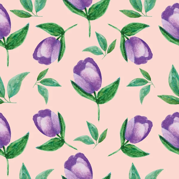 Бесшовные акварельные ручной окрашены цветочный узор с фиолетовыми букетами на фоне персика. для оформления обоев или текстиля — стоковое фото