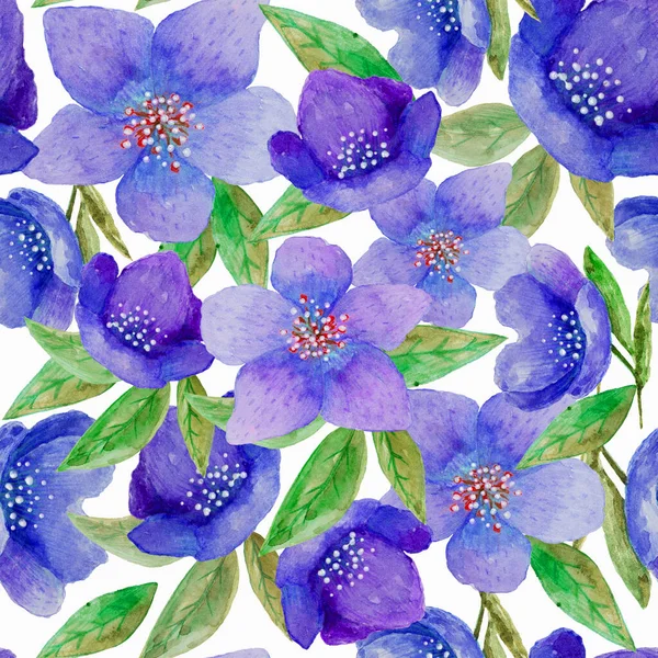 シームレスな水彩手白の背景に青いひげ花の花のパターンを描いた。壁紙やテキスタイルデザインのために — ストック写真