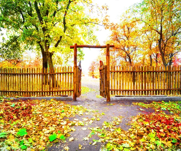 Door to wooden fence overlooking the park — Stock Photo, Image