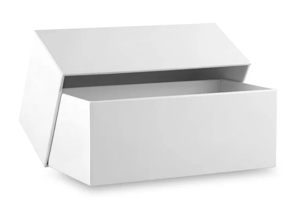 Caixa de papelão branco aberta com tampa — Fotografia de Stock