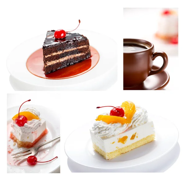 Коллаж тортов и кофейных чашек — стоковое фото