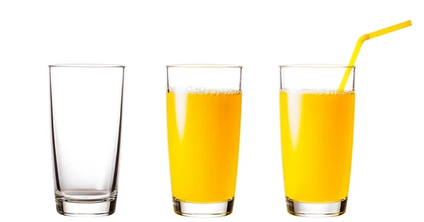 Άδειο και γεμάτο ποτήρια με χυμό πορτοκαλιού — Φωτογραφία Αρχείου