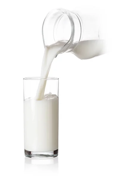 Склянка, наповнена молоком, що виливається з глечика Ліцензійні Стокові Зображення