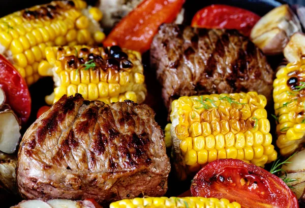 Food background of baked meat and corn — Stock Photo, Image