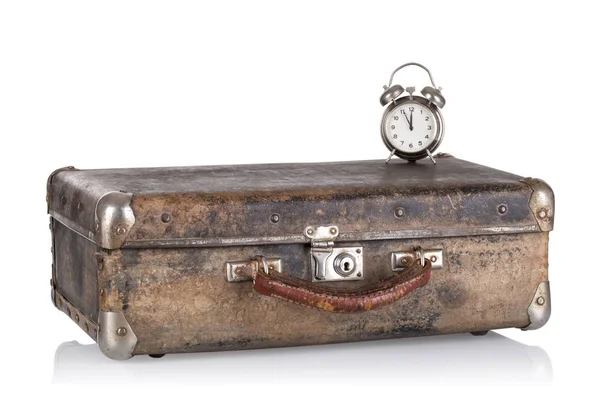 Ancient leather suitcase with clock — Stock Photo, Image