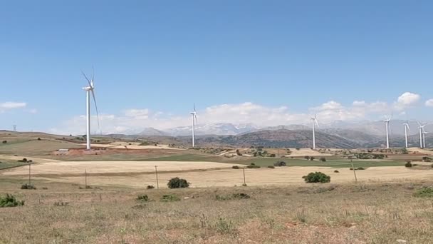Parque eólico en verdes colinas bajo el cielo azul — Vídeo de stock