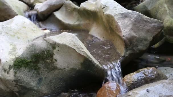 Een kleine waterval tussen stenen — Stockvideo