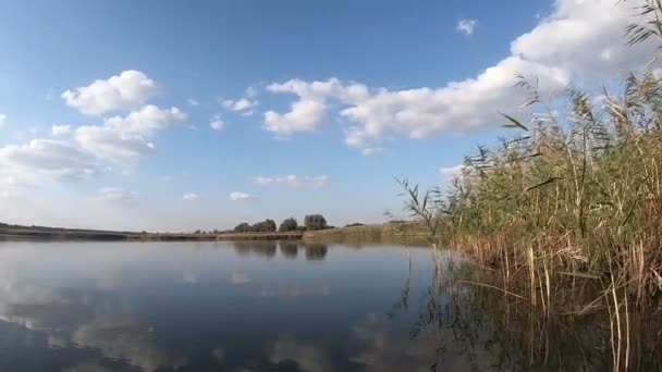 Agua del lago bajo un cielo azul en un día tranquilo — Vídeo de stock