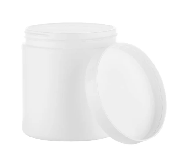 Plastikowy biały okrągły słoik z otwartą pokrywą — Zdjęcie stockowe