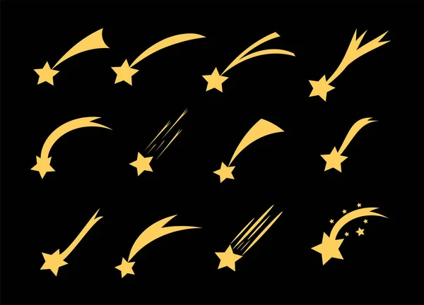 Shooting Stars Pictogrammen Vector Falling Star Silhouetten Kometen Geïsoleerd Zwarte — Stockvector