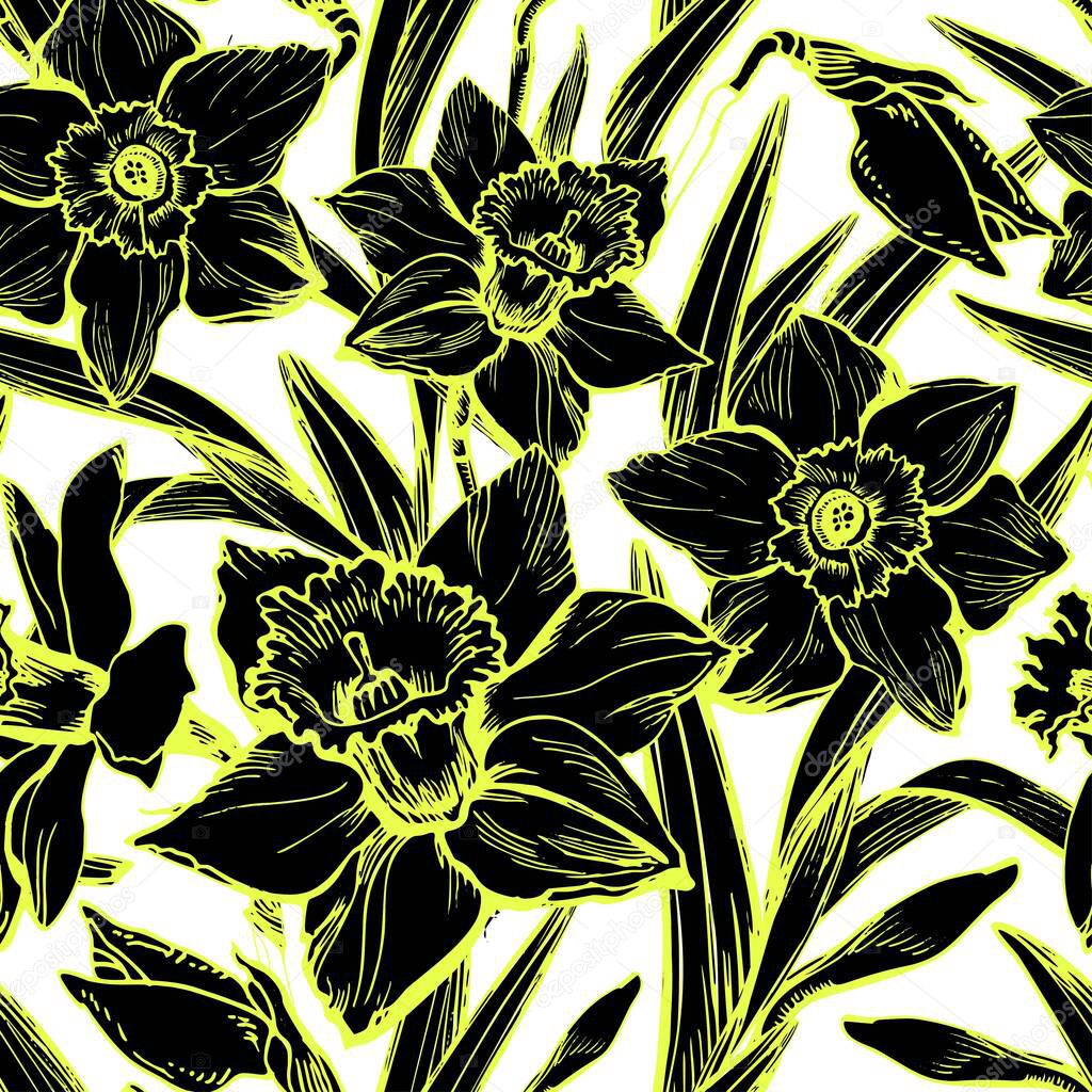 Black and white seamless vector illustration large flowers 