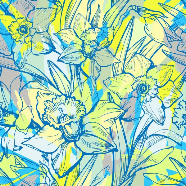 Floral χωρίς ραφή μοτίβο με χρωματιστά περιγράμματα των λουλουδιών Daffodil. — Διανυσματικό Αρχείο