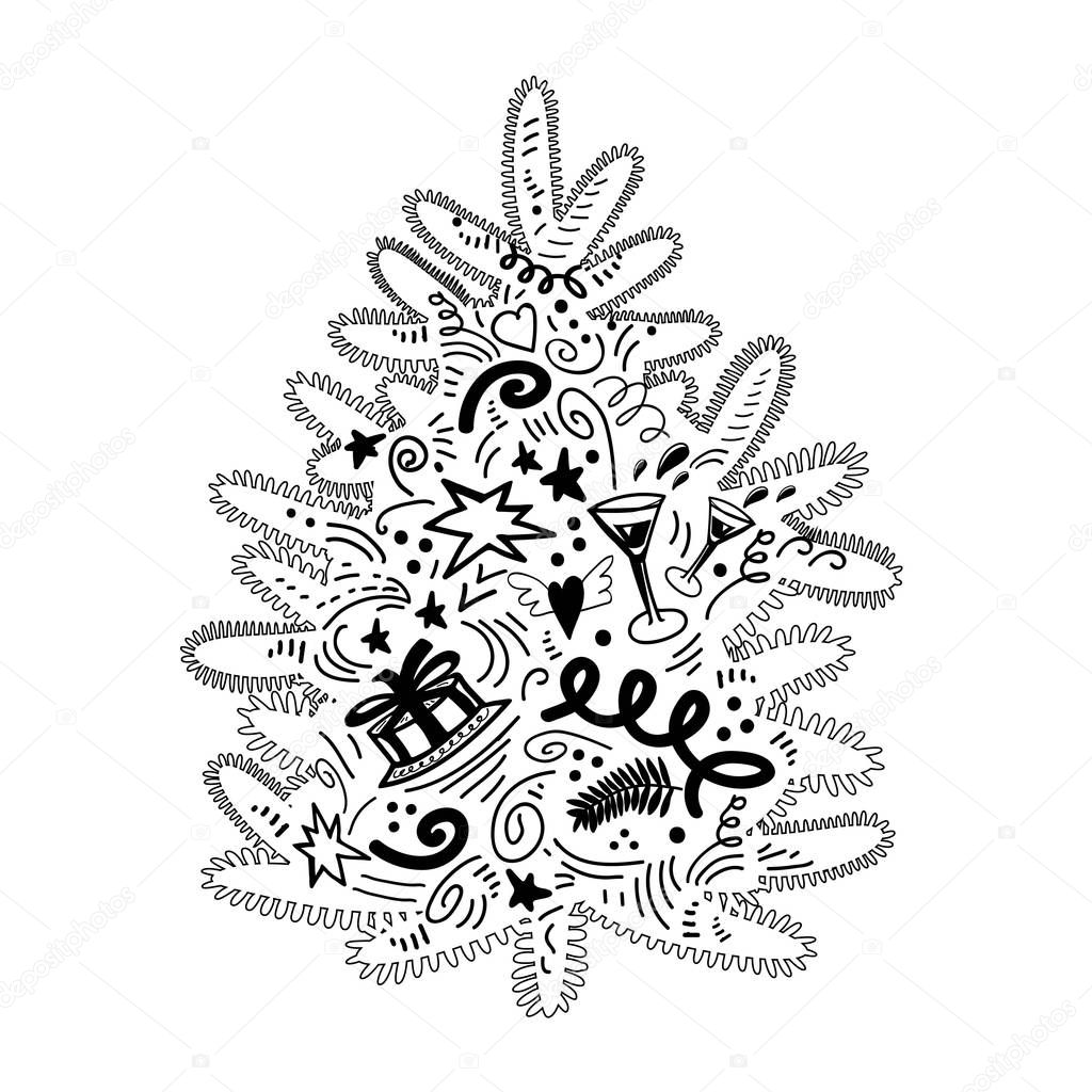 Silhouette of Christmas tree in doodle style isolated on white