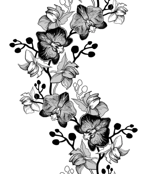 Monochrome Floral seamless border with hand drawn flowers. — Stok Vektör