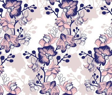 Elegant seamless pattern with orchids hand drawn flowers.