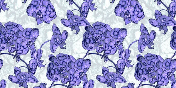 Exotiskt blommigt färgat sömlöst mönster med fläckiga indigo orkidé blommor. — Stockfoto