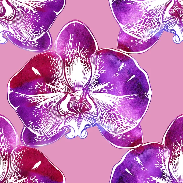 Akvarell sömlös mönster med ljusa krom prickig orkidé blommor — Stockfoto