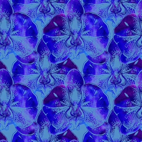 Aquarell Phantomblau nahtlose Zeichnung exotischer Orchideenblüten. — Stockfoto