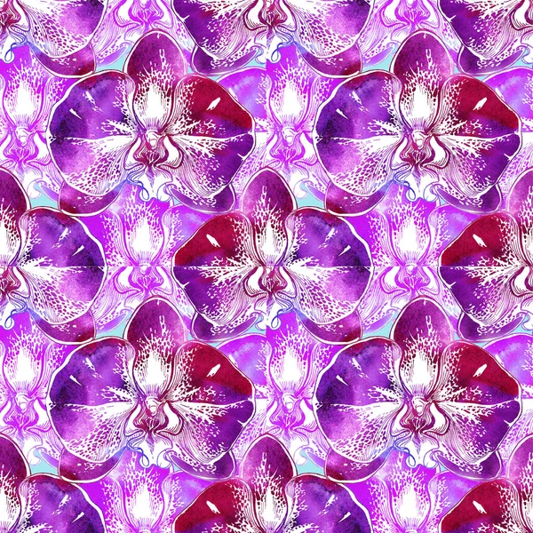 Aquarelle rose vif motif sans couture de fleurs colorées tachetées tropicales . — Photo