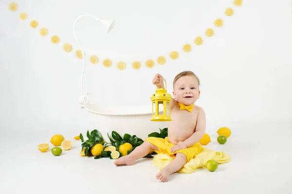 Cute Adorable Baby Boy Having Milk Bath Lemons Limes Boy — Stock Photo, Image