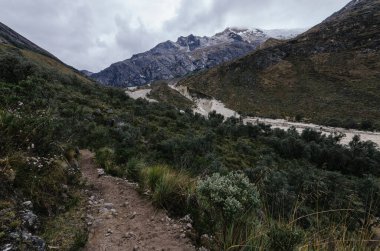 Peru 'da, dağların arasındaki Santa Cruz geçidinde bir patika ve bitki örtüsüyle birlikte, vadide bir çığ kalıntısı bulundu.