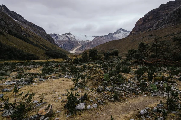 Peru 'daki quebrada santa Cruz' daki alpamayo dağının ana kampının çevresi, arka planda bir çığ kalıntısı ile birlikte.