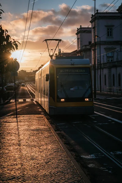 Sarı modern tramvay raylarda ve arka planda günbatımı olan bir sinyalin yanında dikey olarak