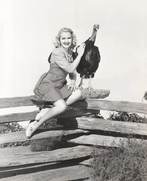 Mujer sentada con pavo en la cerca —  Fotos de Stock