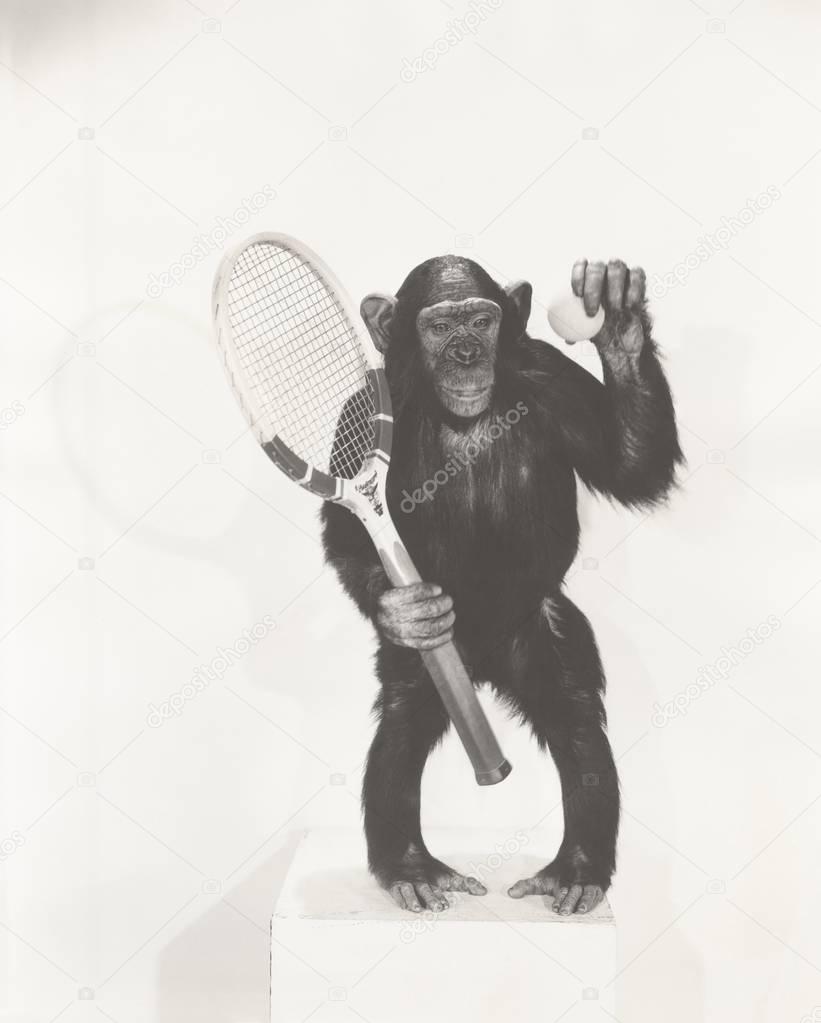monkey holding tennis racket 