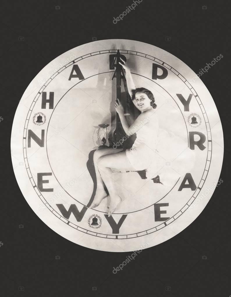 woman sitting on New Year clock