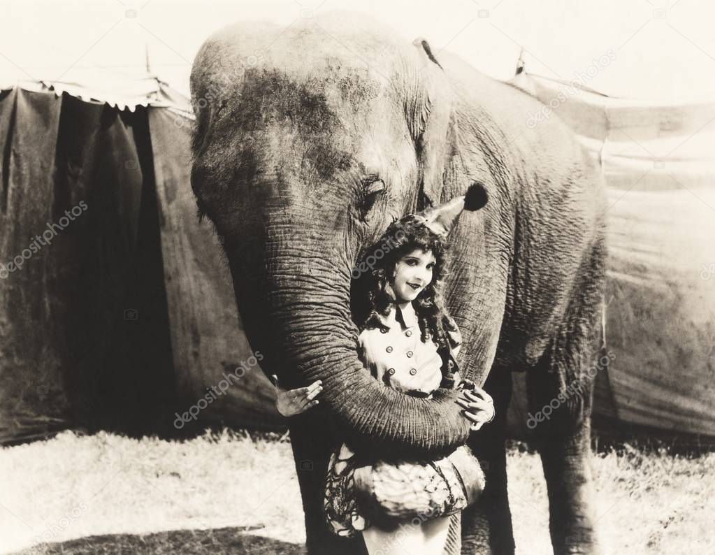 Elephant embracing woman