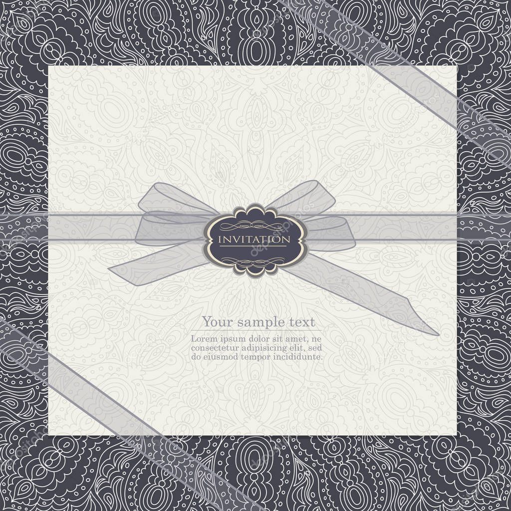 Beige invitation card with transparent textile bow on lace background, vector, illustration